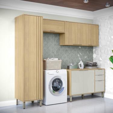 Imagem de Lavanderia Modulada Com 2 Armários Aereos, 1 Balcão E 1 Armário Multiuso Glória Castanho-off White