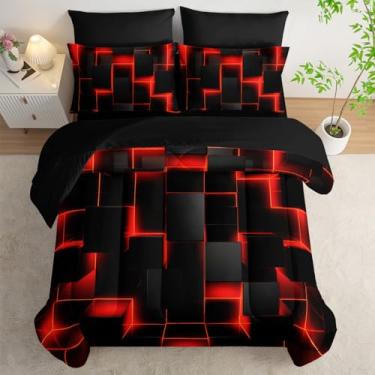 Imagem de HOSIMA Jogo de cama solteiro com estampa geométrica vermelha e preta, 7 peças, lençol com elástico, lençol com elástico, lençol com elástico, para decoração de quarto de meninos e 4 fronhas.