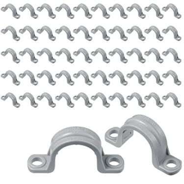 Imagem de Correia de tubo de PVC com dois furos, fita de conduíte de plástico, braçadeiras de tubulação cinza, braçadeira de conduíte para serviço pesado, clipe de PVC, clipe de PVC, 2 furos, suporte de montagem para tubos de PVC e cabos (100 peças, 1/2 polegada)