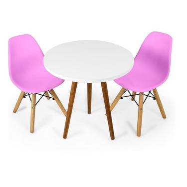 Imagem de Kit Mesa Infantil Branca 50cm Redonda e 2 Cadeira Eiffel Infantil Cor:Rosa-Bebê