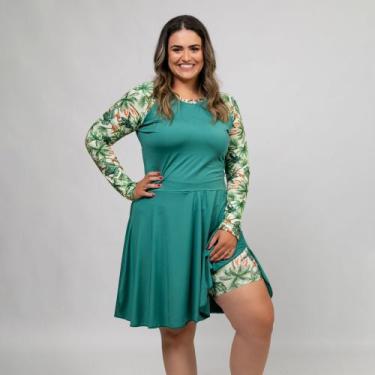 Imagem de Maiô Vestido Plus Size Feminino Manga Longa Raglan Estampado + Short S