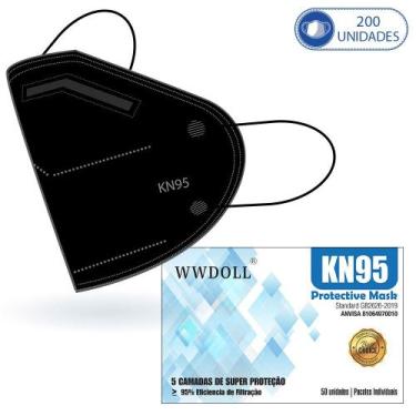 Imagem de Kit 200 Máscaras Descartáveis KN95 WWDoll Cinco Camadas Preta com Clip