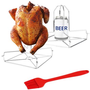 Imagem de Suporte de frango de cerveja 2 peças para defumador de forno, churrasqueira de aço inoxidável premium com escova de óleo, assadeira de frango para lata de cerveja para churrasco ao ar livre