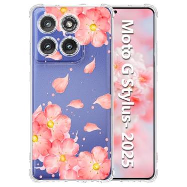 Imagem de Tcaraersing Capa transparente para Motorola Moto G Stylus 2025 com design de flor, atualizada [proteção total da câmera] à prova de choque com canto transparente TPU macio para meninas e mulheres