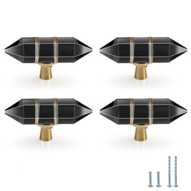 Imagem de Evionlin Pacote com 8 maçanetas de cristal hexagonais pretas de vidro envolto em arame puxador de gaveta de latão puxador de armário ferragens douradas para cômoda e cozinha