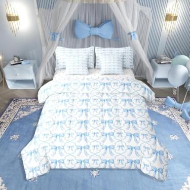Imagem de Erosebridal Conjunto de cama casal com laço azul e branco em uma bolsa, 7 peças, para crianças, meninos, meninas, fita aquarela, conjunto de edredom e edredom geométrico