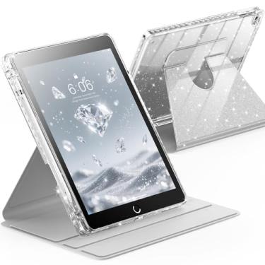 Imagem de INFILAND Capa giratória para iPad 6ª/5ª geração (2018/2017) iPad 9,7 polegadas, iPad Air 2/iPad Air 1, capa giratória 360 com glitter fofo com parte traseira transparente, suporte para lápis (prata)