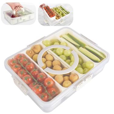 Imagem de Recipiente para lanches, bandeja de servir dividida com tampa, recipiente de lanche de viagem com 4 compartimentos, bandeja de frutas e vegetais com tampa para manter a geladeira fresca, caixa de