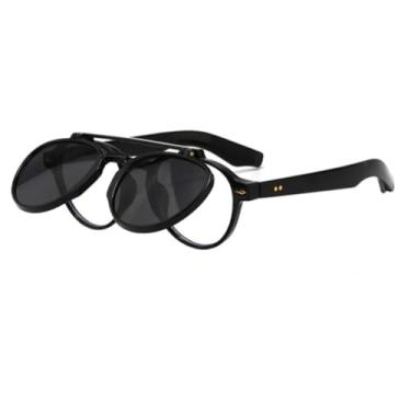 Imagem de HCHES Óculos de sol flip clássico feminino masculino, ponte dupla, punk, degradê, feminino, rebites, redondo, UV400 (preto-preto)