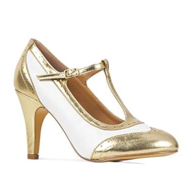 Imagem de J. Adams Tango Heels for Women - Sapato Oxford com tira redonda e bico redondo retrô, Couro vegano branco dourado, 34