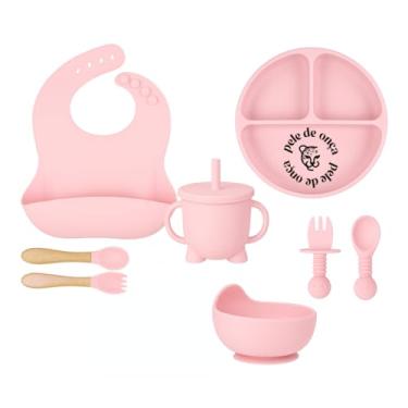 Imagem de Kit Alimentação Bebê 8 Peças Silicone Atóxico Prato com Divisórias Tigela Babador Talheres Copo com Canudo (Rosa Claro)