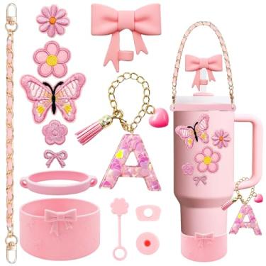 Imagem de XIANGYUAN Conjunto de acessórios de copo rosa de 14 peças para copo Stanley Cup de 850 g 1,134 g com alça, inclui alça, decoração de arco de palha, capa de palha, bota, tampas à prova de derramamento
