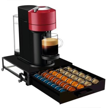 Imagem de Organizador de gavetas com suporte para cápsulas de café com topo de vidro temperado preto de luxo, compatível com todos os pods Vertuo da Nespresso, comporta até 75 cápsulas Vertuo pequenas ou 50