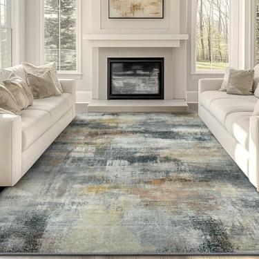 Imagem de KIRFEIHT Tapete de área de 20 x 25 cm, moderno abstrato antiderrapante, lavável para sala de estar, quarto e sala de jantar, tapetes de lã sintética macia para pisos de madeira, ciano amarelo