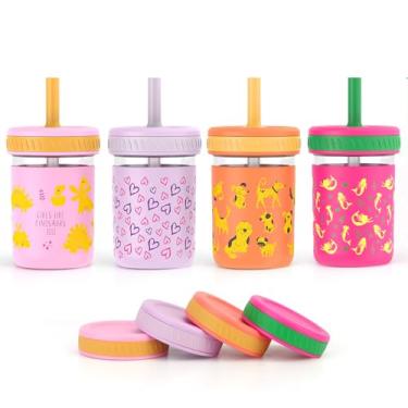 Imagem de Sursip Copos de vidro para bebé, copo de água infantil à prova de derramamento de 355 ml com canudo e tampas, pote de maçom para lanche para viagem, escola ou em casa, 4 pacotes sem BPA