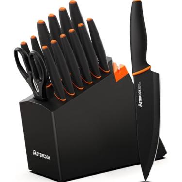 Imagem de Conjunto de facas, conjunto de facas de cozinha Astercook 15 peças para lava-louças com apontador embutido, conjunto de blocos de facas pretas de aço inoxidável alemão de alto carbono