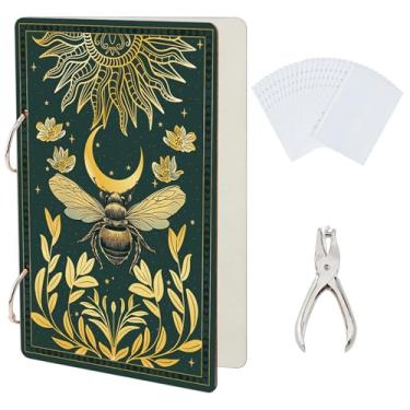Imagem de SUPERDANT Bee Sun Moon Organizador de cartões de aniversário, armazenamento de cartões de casamento, férias, fichário de madeira, álbum de fotos, presentes, 2 argolas, capa com perfurador e 20 bolsos
