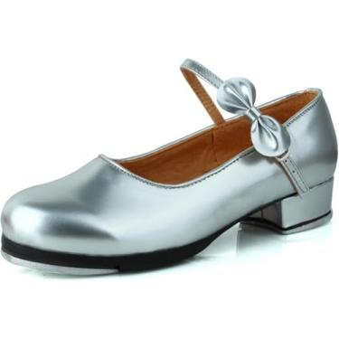 Imagem de Sapatos De Sapateado Para Meninas, Sapatos De Dança Júnior Para Mulheres, Sapatos De Sapateado De Couro De Salto Baixo, Sapatos De Dança Profissional P, Silver Butterfly Tap Shoes, 27 EU