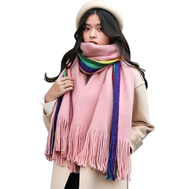 Imagem de Cachecol De Inverno Para Mulheres Reino Unido Arco-íris Cachecol Dupla Face Estudante Imitação Caxemira Mulheres Dupla Finalidade Inverno Engrossado Versátil Quente, Pink, A