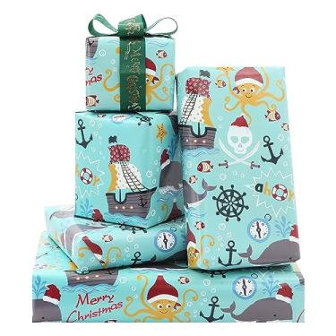 Imagem de Papel de embrulho Cool Ocean Pirates Life Treasure Ship Island Octupus Whale Celebrating Christmas (71 x 50 cm por folha, 4 folhas, 1 design: 15 pés quadrados) para crianças, meninos, meninas, com