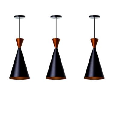 Imagem de Kit 3 Lustre Pendente Cone Sala Cozinha Churrasqueira(Preto topo cobre)
