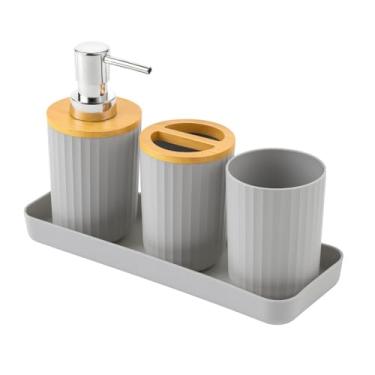 Imagem de Kit Banheiro 4 Peças Porta Sabonete Líquido Dispenser Sabão Copo Multiuso Bandeja Bambu Lavabo Pia Cinza - Design Premium