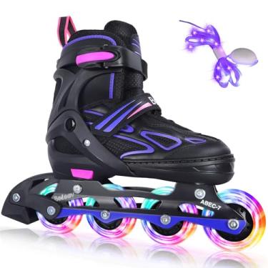 Imagem de BELEEV Patins em linha com rodas iluminadas e cadarços, lâminas de rolo ajustáveis de 4 tamanhos para crianças, meninos e meninas de 5 a 8 anos, 8 a 12, 6 a 12 anos, patins iluminadores para jovens e