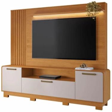Imagem de Estante Apego para TV até 65 Polegadas Ripado com LED 3 Portas JCM Cor Cinamomo Off White