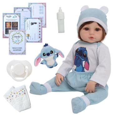 Imagem de Bebê Reborn Realista Roupinha Stitch com Pelúcia Fofa 46cm - Cegonha R