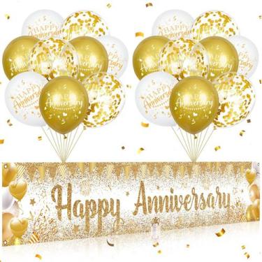 Imagem de Banner de feliz aniversário para decoração de festa em ouro branco com