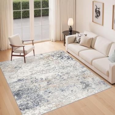 Imagem de DMOYEST Tapete de área para sala de estar – 20 x 20 cm lavável grande macio interior neutro moderno abstrato baixo tapete para quarto, sala de jantar, casa de fazenda, escritório em casa - bege azul