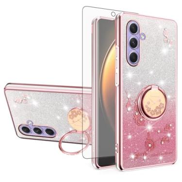 Imagem de Asuwish Capa de telefone para Samsung Galaxy A54 5G com protetor de tela de vidro temperado suporte de anel com glitter transparente híbrido à prova de choque TPU capa protetora A545G A 54 54A 4G G5