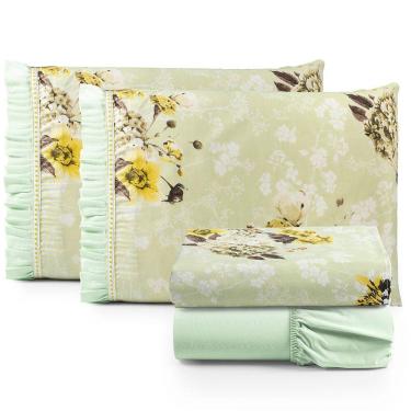 Imagem de Jogo Cama Lençol Fiore Casal Padrão Estampado 180 Fios 100% Algodão com Babadinho 4 Peças Verde Floral