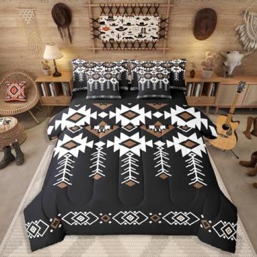 Imagem de Erosebridal Jogo de cama rústico King do Oeste, 7 peças, boêmio, asteca, para crianças, robôs e adolescentes, adultos, cama étnica tribal nativa em uma bolsa, conjunto de lençol geométrico de casa de