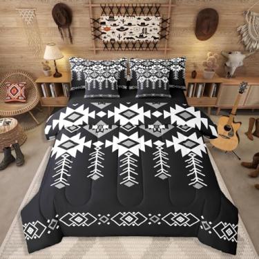 Imagem de Erosebridal Jogo de cama casal asteca ocidental, 7 peças, boêmio, sudoeste, para adolescentes, adultos, nativo americano, vintage, étnico, rústico, geométrico, preto, branco