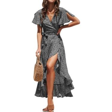 Imagem de Vestido De Verão Verão Praia Maxi Vestido Mulheres Estampa Floral Boho Longo Vestido De Chiffon Babados Envoltório Casual Decote Em V Dividido Sexy Vestido De Festa, A, M