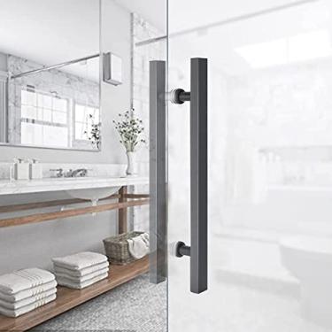 Imagem de Puxador de porta estilo rústico para porta de chuveiro de banheiro, puxadores de porta dupla face em forma de H/escada, com conjunto de encaixe, para vidro/madeira/porta de celeiro/prata/comprimento