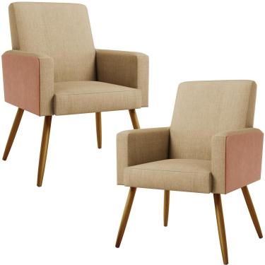 Imagem de Kit 02 Poltronas Decorativa Maria W01 Pés Palito Linho Bege Escuro Couríssimo Camel - Lyam Decor