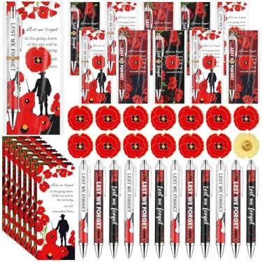 Imagem de Conjunto de 30 broches de flores de papoula vermelha, canetas esferográficas e cartões, broche de papoula para não esquecermos presentes de papoula para mulheres, homens, herói, veterano, lembrança