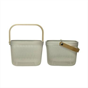 Imagem de Kit 2 Cesto Multiuso Metal Alca Madeira Decoração Prateleira