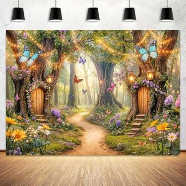 Imagem de Pano de fundo de floresta de conto de fadas, jardim de fadas, casa de cogumelo, casa de cogumelo, folhas, fundo fotográfico, primavera, crianças, decoração de festa mágica, retrato, sessão de fotos