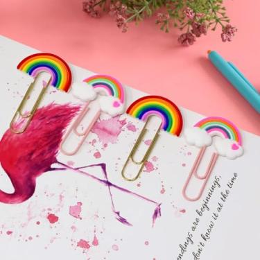 Imagem de 12 peças de clipes de papel fofos em forma de nuvem de arco-íris adoráveis clipes de papel pequenos de PVC clipes de marcador de página de metal clipes de arquivo para anotações, marcadores de livro