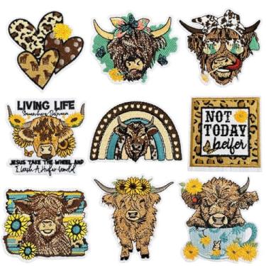Imagem de 9 peças Highland Cow Heifer Iron on Patches, Cool Western Style Slogan bordado remendos de reparo para roupas, aplique vintage personalizado para jeans, jaquetas, chapéus, mochilas, bolsas, sapatos