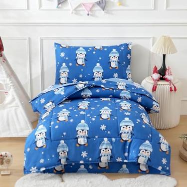 Imagem de JSD Jogo de cama infantil de Natal, pinguim azul, flocos de neve, edredom com 4 peças, lavável na máquina