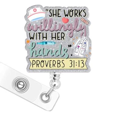 Imagem de Carretel de crachá com versículo da Bíblia, She Works Willingly with Her Hands, retrátil com nome de identificação, clipe jacaré para enfermeira, escola de enfermagem, estudante RN CNA LPN e medicina