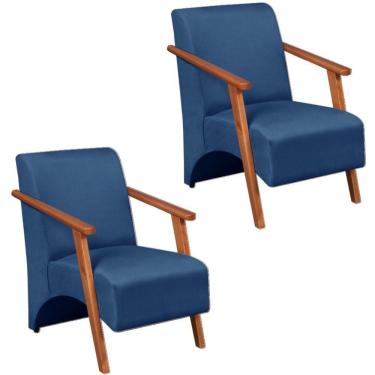 Imagem de Kit 2 Poltrona Venus 1 Lugar Braço Madeira Maciça Tecido Suede Azul Bic