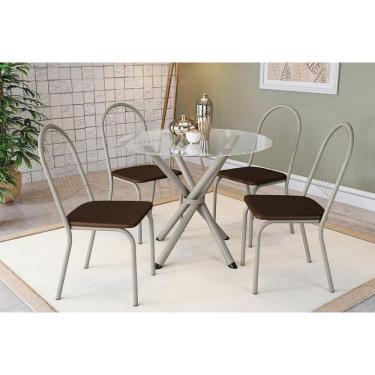 Imagem de Conjunto: Mesa Sala Jantar Volga C- Tampo De Vidro 95cm E 4 Cadeiras Noruega Niquel - Courano Marrom - Kappesberg