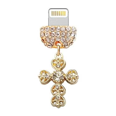 Imagem de ELISE & FONDA CP497 Porta de carregamento USB cristal antipoeira pingente de telefone pequena cruz para iPhone 13/12/11/XS MAX/XR/X/8 Plus/7/6S/8/SE iPad iPod (dourado), approx. 2.1 cm (L) x 0.4 cm