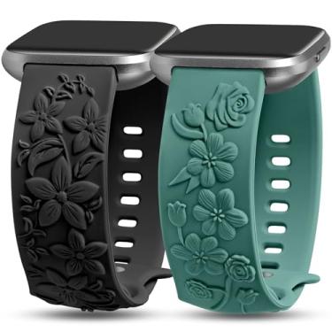 Imagem de Pacote com 2 pulseiras de relógio compatíveis com Fitbit Versa 2/Versa Lite/Versa, pulseira de silicone macio com gravação floral, pulseira de substituição para Versa 2, edição especial, preto/verde