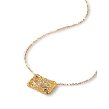 Imagem de Grozilym Colar de ouro 14k para mulheres, pingente feminino com pingente de olho turco, moderno, não mancha, colar de proteção de moeda, Medium, Ouro amarelo Aço inoxidável, Zircônia cúbica